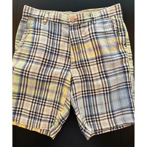 Tommy Bahama 9"‎ Relax 100% Linen Shorts Mens 33 Blue/Yellow Madras Plaid Preppy